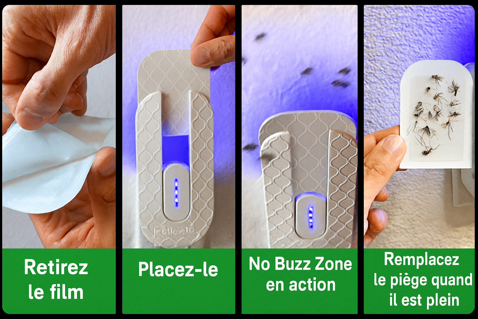 Étapes Zero Mouches : décoller, placer, agit, remplacer le tampon